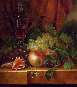 Fruit and seashells on a ledge by Jan Hendrik Verheijen