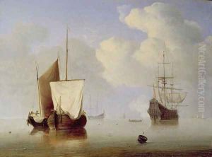 A Hoeker Alongside a Kaag at Anchor by Willem van de, the Elder Velde