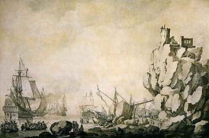 Ships and militia by a rocky shore, c.1680 by Willem van de, the Elder Velde