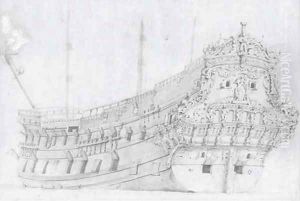 Study of a Dutch warship observed from the stern by Willem van de, the Elder Velde