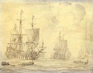 A Dutch fleet in a calm with barges in the foreground by Willem van de, the Elder Velde
