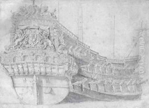 The hull of the Staaten General, seen from astern by Willem van de, the Elder Velde