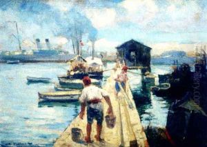 Seascape with Constanţa Harbor by Nicolae Vermont