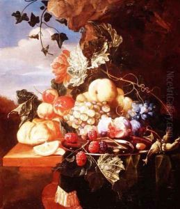 Still life with fruit and flowers by Arie de Vois