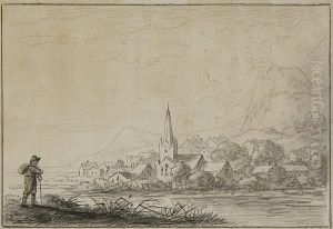 Traveller On A Riverbank With Village And Church Spire Beyond by Anthony Devis