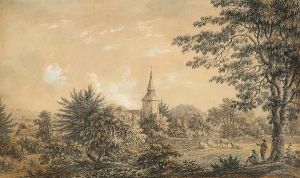 Landscape With Figures And Sheep, A Church Spire In The Distance by Anthony Devis