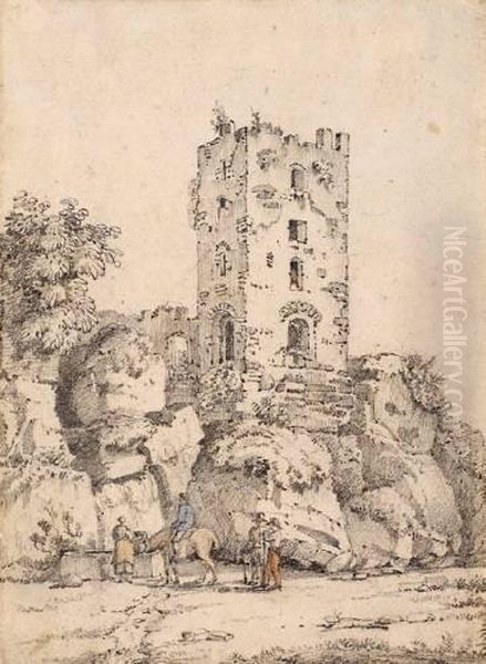 Figures At A Well Near A Ruined Tower - view 1