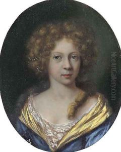 Portrait of a lady, small bust-length, in a blue dress with a yellow border by Arie de Vois