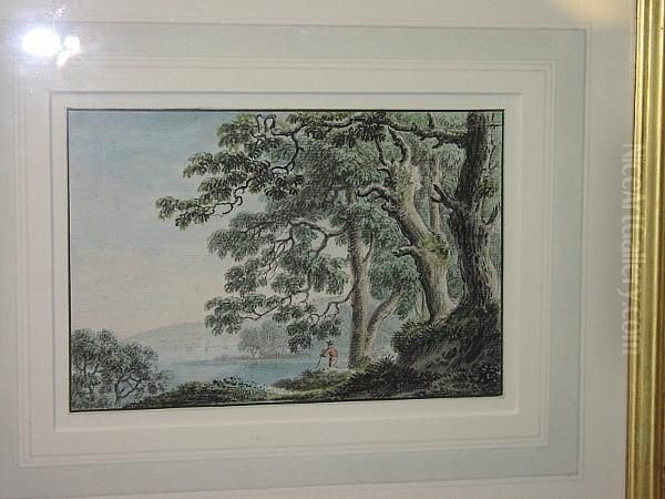"the Neath River", Figure Under Trees By A River With Shipping In The Distance - view 1