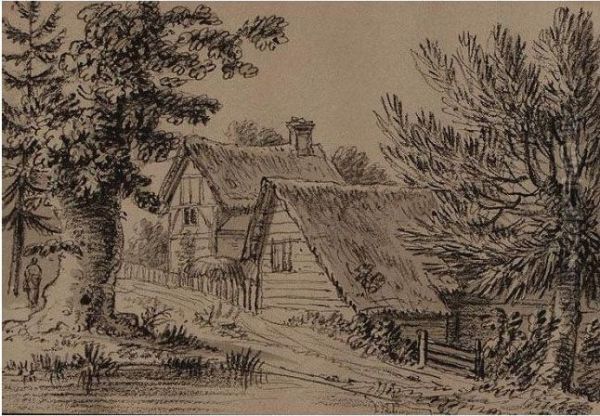 Thatched Cottages; Figures By A
Waterfall; A Church Spire Over Rooftops Of A Town; Alpine View - view 1