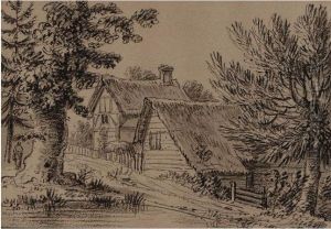 Thatched Cottages; Figures By A
Waterfall; A Church Spire Over Rooftops Of A Town; Alpine View by Anthony Devis