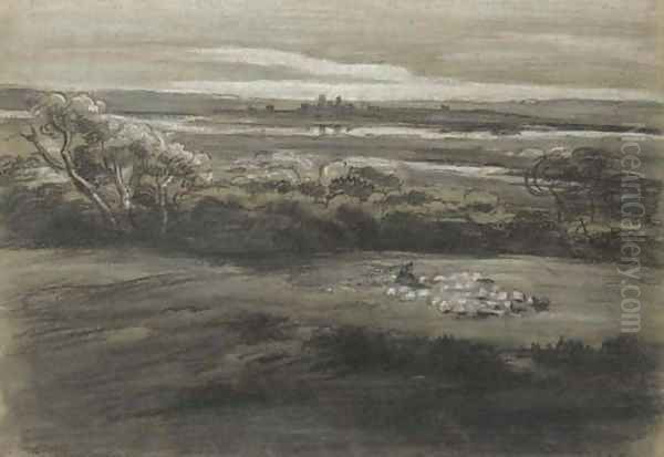A shepherd and sheep in a wooded landscape - view 1