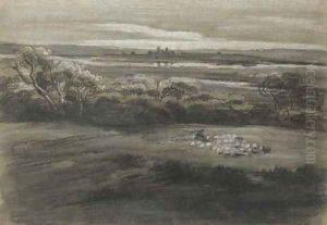 A shepherd and sheep in a wooded landscape by Cornelius Varley