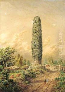 An ivy-covered tower by an open track, Ireland by Cornelius Varley