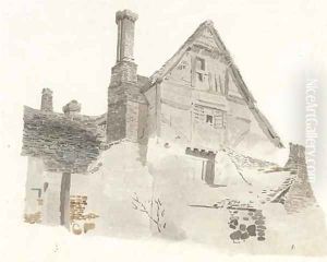 Study of a timber-framed gabled farmhouse by Cornelius Varley