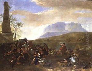 A Skirmish by an Obelisk in an extensive landscape