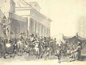 A crowd watching actors in an outdoor theater, with a couple dancing, a classical portico beyond
