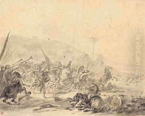 A battle scene with trumpets blowing the retreat - view 1