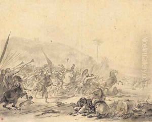 A battle scene with trumpets blowing the retreat