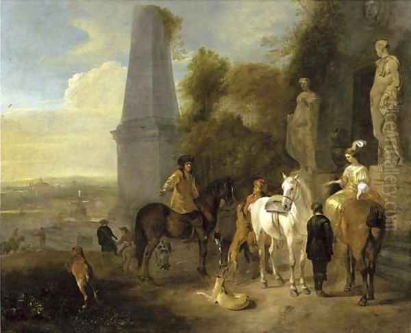 A hunting party resting outside a mausoleum, a city beyond - view 1