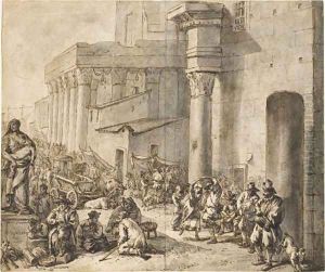 A street market behind a church, a harbor in the distance