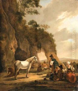 An Italianate Landscape with Travellers resting by a Grotto by Hendrick Verschuring