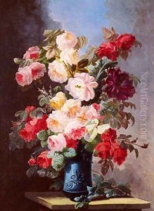A Still Life With Roses And Peonies In A Blue Vase by Georges Viard