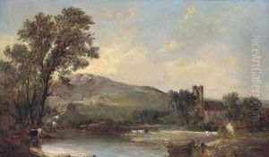 Cattle watering by a church in a river landscape