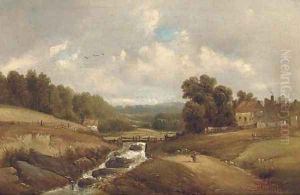 Figure on a track by a brook, with buildings beyond