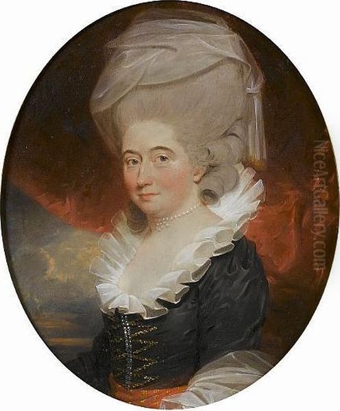 Portrait Of A Lady, Bust-length,
In A Black Dress With A Red And Gold Sash And White Collar, Seated
Before A Red Curtain, A View To A Landscape Beyond - view 1