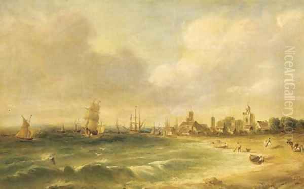Figures on the foreshore, a busy harbour beyond - view 1