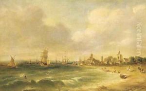 Figures on the foreshore, a busy harbour beyond by Alfred Vickers