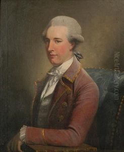 A Portrait Of Thomas Mills Of
Saxham Hall, Suffolk, Seated Half Length With Powdered Hair And Red Coat
With Gold Braiding, His Left Arm Leaning On A Book by John Downman