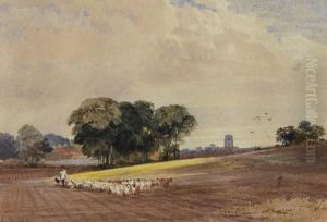 Shepherd And Flock Crossing A Ploughed Field by Edward Duncan
