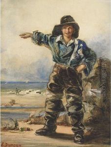 Young Clammer Signalling The Incoming Catch by Edward Duncan
