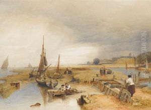 Children Fishing In An Estuary by Edward Duncan