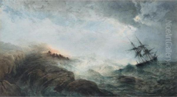 A Ship In Distress, With Figures On The Shore Firing A Rocket - view 1