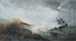 A Ship In Distress, With Figures On The Shore Firing A Rocket by Edward Duncan