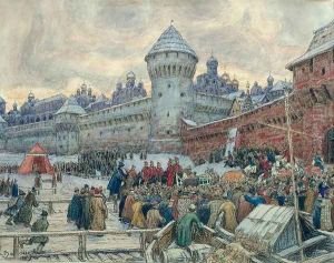 Ancient Moscow, departure after a fight by Apollinari Mikhailovich Vasnetsov