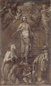 The Risen Christ Surrounded By Angels Appearing To Two Saints by Francesco Vanni