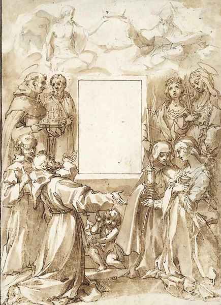 Design For An Altarpiece Eight Saints And The Holy Trinity Surrounding The Empty Frame Of An Early Image Of The Virgin - view 1