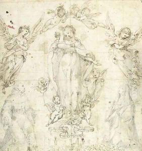 The Madonna As Protectress Of Siena With Saint Bernardino And Saint Catherine Of Siena by Francesco Vanni