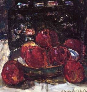A Still Life with Red Apples on a Dish and a Japanese Lacquer Box by Floris Verster
