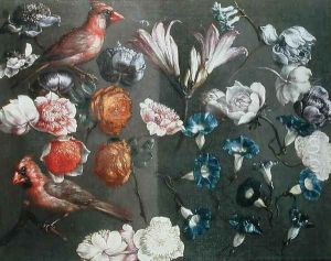 A Study of Peonies, Convolvulus, Lilies and two Finches by Gaspar Peeter The Elder Verbruggen
