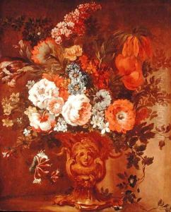 Roses, Poppies, Honeysuckle, Stock and Other Flowers in a Sculpted Vase by Gaspar Peeter The Elder Verbruggen