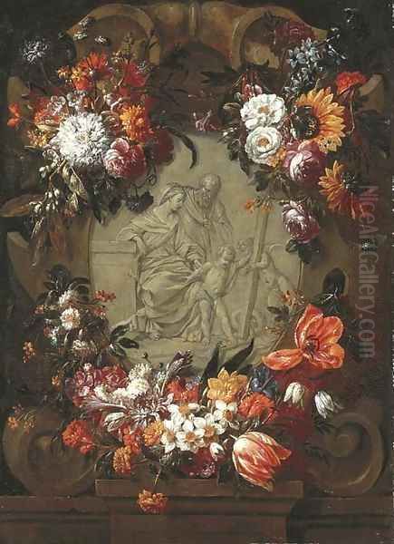 A garland of tulips, daffodils, carnations, sunflowers and other flowers around a stone cartouche with the Holy Family and the Infant Saint John - view 1