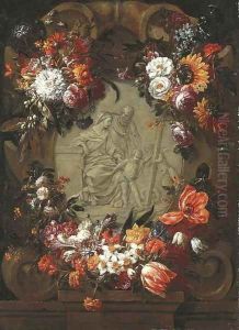 A garland of tulips, daffodils, carnations, sunflowers and other flowers around a stone cartouche with the Holy Family and the Infant Saint John by Gaspar Peeter The Elder Verbruggen