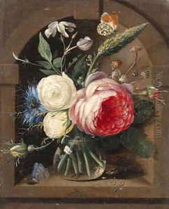 Roses, a cornflower and wildflowers in a vase with two butterflies in a niche by Gaspar Peeter The Elder Verbruggen