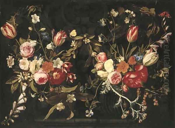 A garland of roses, tulips, cornflowers, foxgloves and other flowers against a stone cartouche - view 1