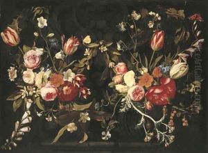 A garland of roses, tulips, cornflowers, foxgloves and other flowers against a stone cartouche by Gaspar Peeter The Elder Verbruggen